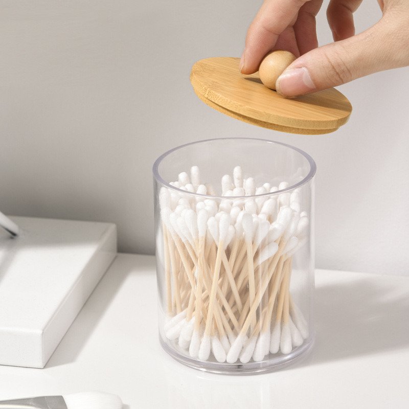 Q-tip holder cotton balls swabs dispenser clear plastic storage box with bamboo lid custom makeup organize