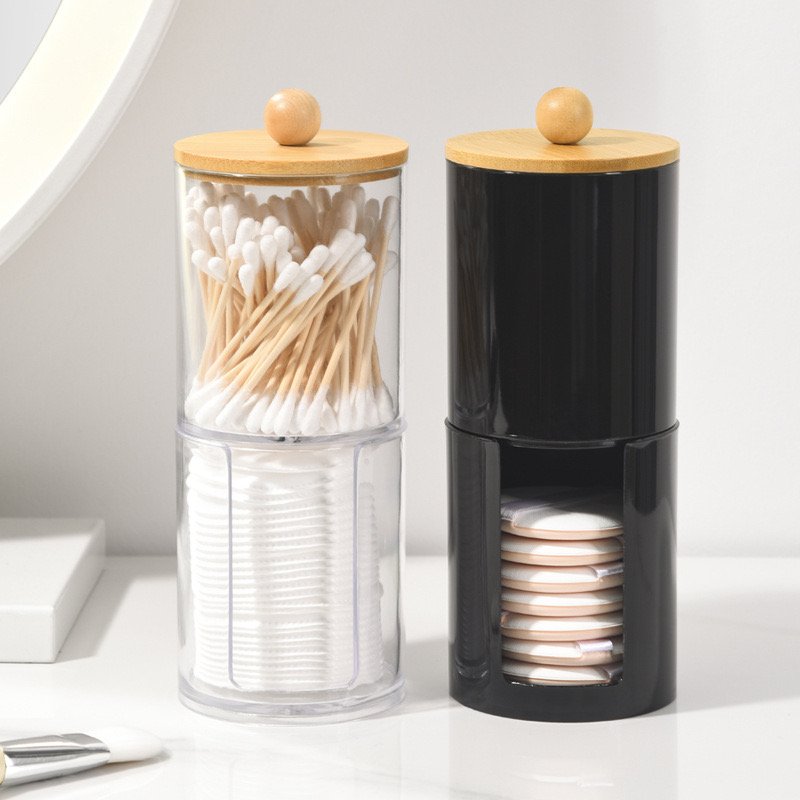 Q-tip holder cotton balls swabs dispenser clear plastic storage box with bamboo lid custom makeup organize