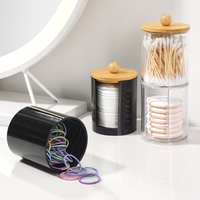 Q-tip holder cotton balls swabs dispenser clear plastic storage box with bamboo lid custom makeup organize