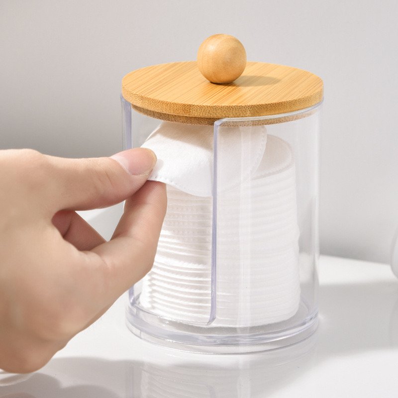 Q-tip holder cotton balls swabs dispenser clear plastic storage box with bamboo lid custom makeup organize