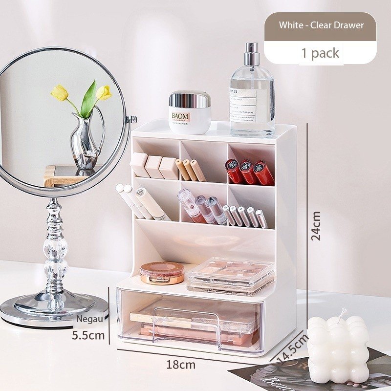Desktop storage box, tilting organizer with drawer pen holder, for stationery, cosmetics, office supplies
