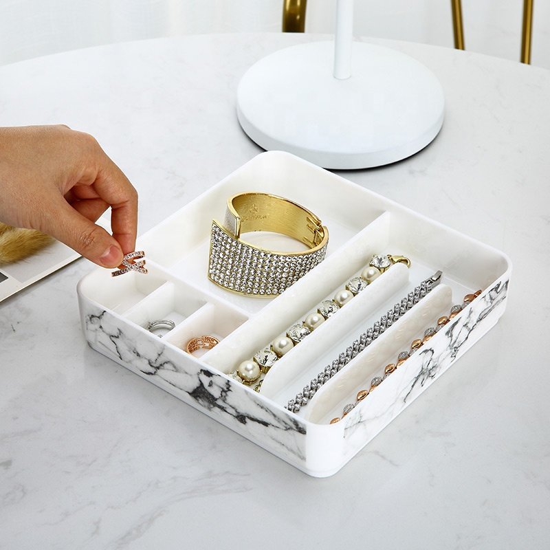 Eco-friendly stackable jewelry organizer rings earrings necklace storage tray PS platice marble jewelry storage box