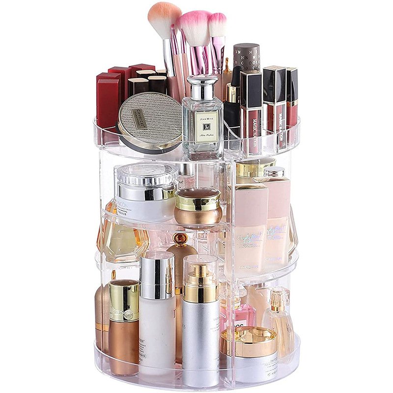 Transparent 360 Degree Rotating Cosmetic Storage Box Adjustable Shelf Height Makeup Organizer