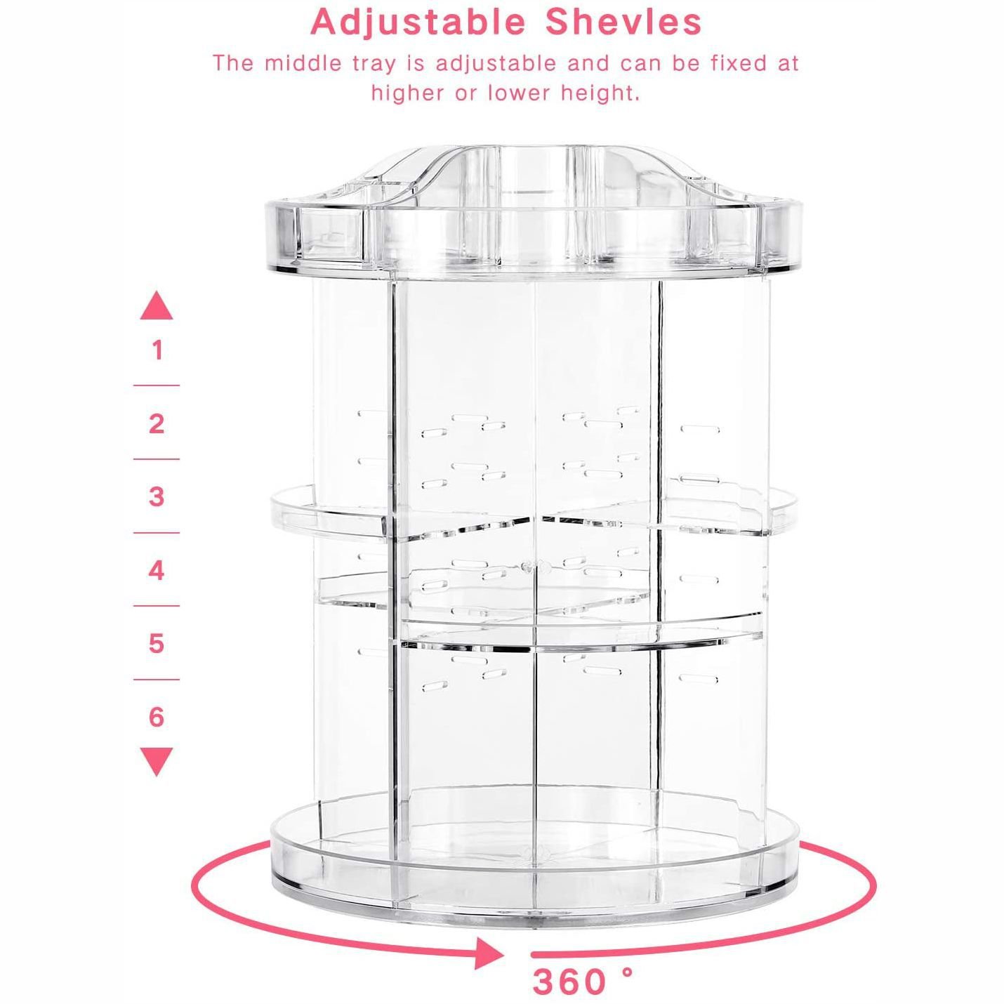 Transparent 360 Degree Rotating Cosmetic Storage Box Adjustable Shelf Height Makeup Organizer