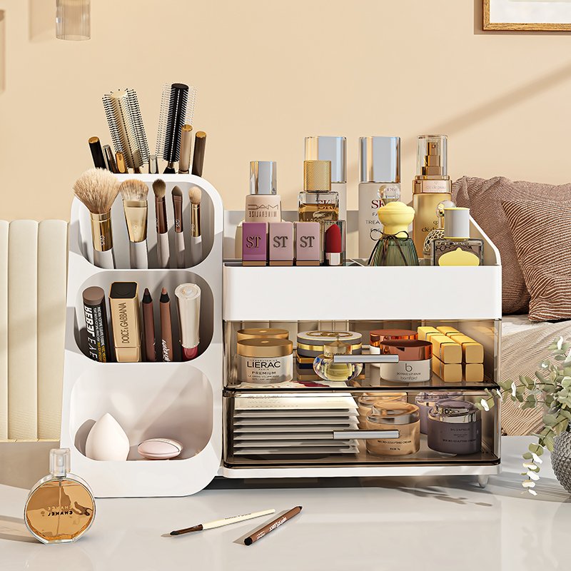 Large Capacity Countertop Makeup Storage Organizer Cosmetic Display Case With Double Bottom Slide Drawers
