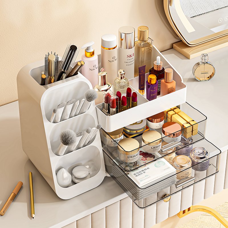 Large Capacity Countertop Makeup Storage Organizer Cosmetic Display Case With Double Bottom Slide Drawers