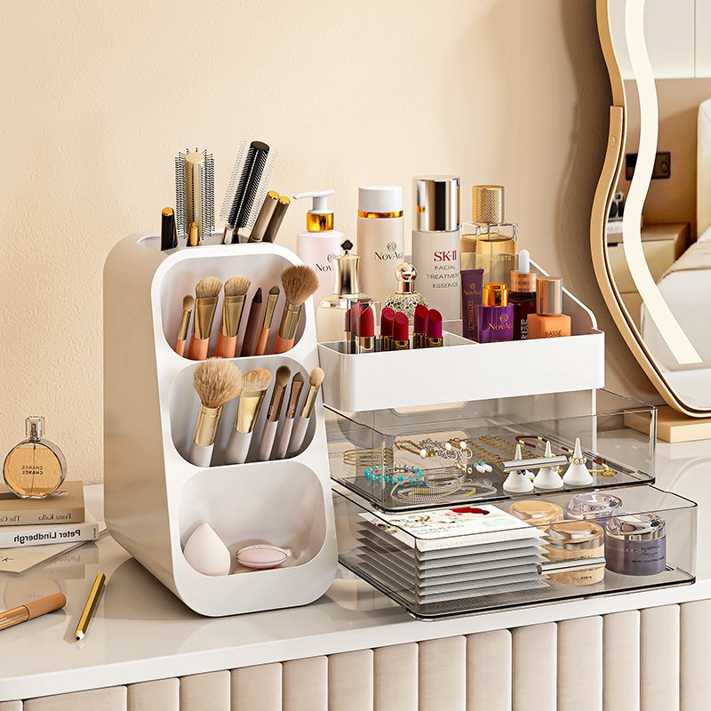 Large Capacity Countertop Makeup Storage Organizer Cosmetic Display Case With Double Bottom Slide Drawers