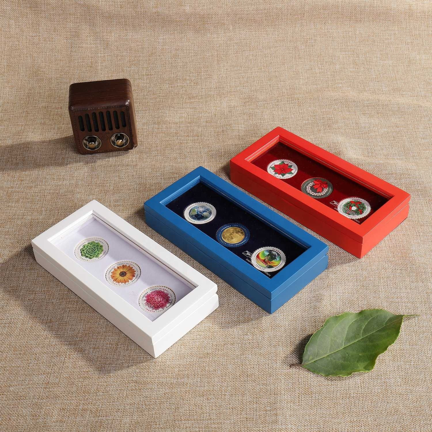 Wood Coin Case Coin Storage Box Display Wooden Acrylic Clear Lid Hinged Red Blue White Chocolate Carton Handmade Laser Logo