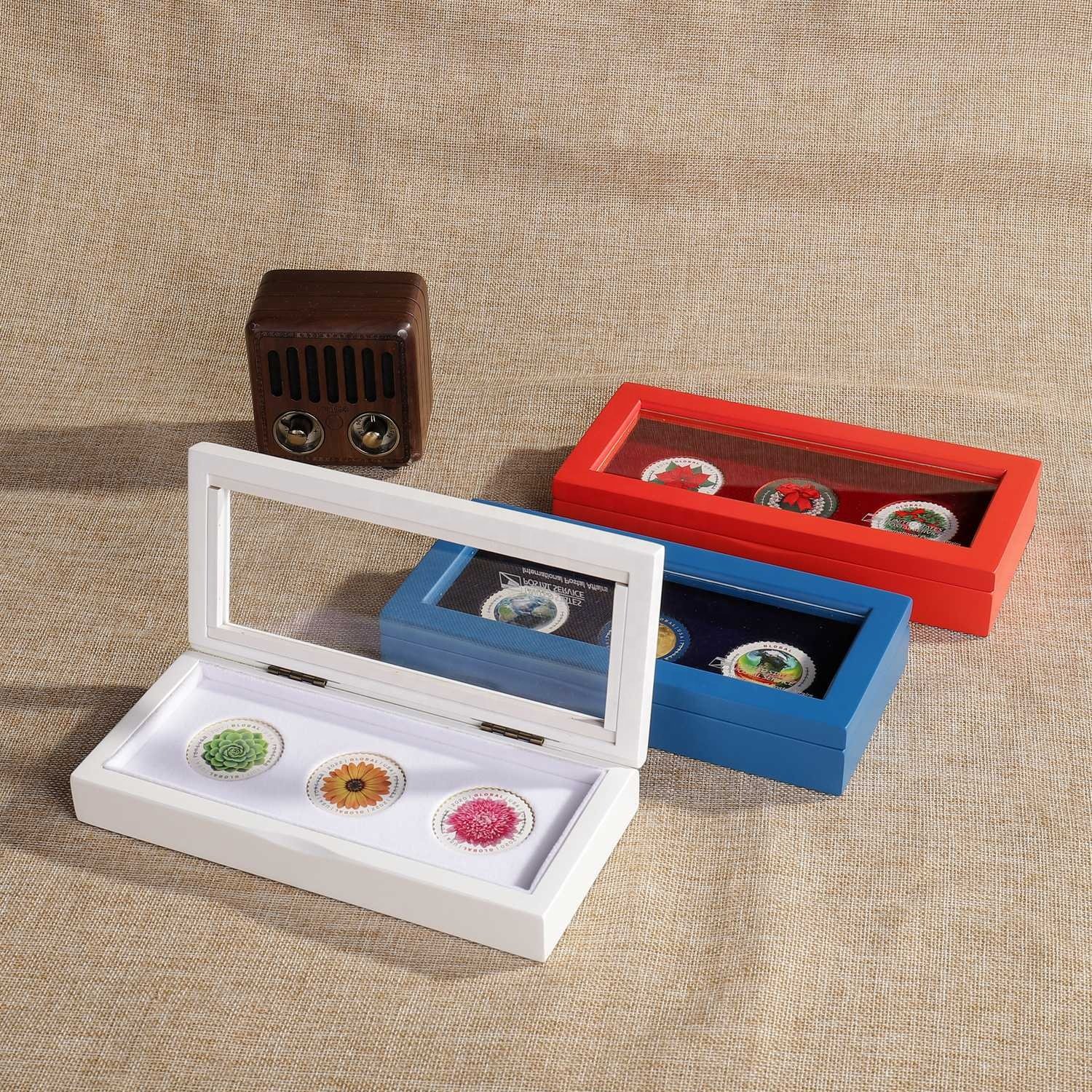 Wood Coin Case Coin Storage Box Display Wooden Acrylic Clear Lid Hinged Red Blue White Chocolate Carton Handmade Laser Logo
