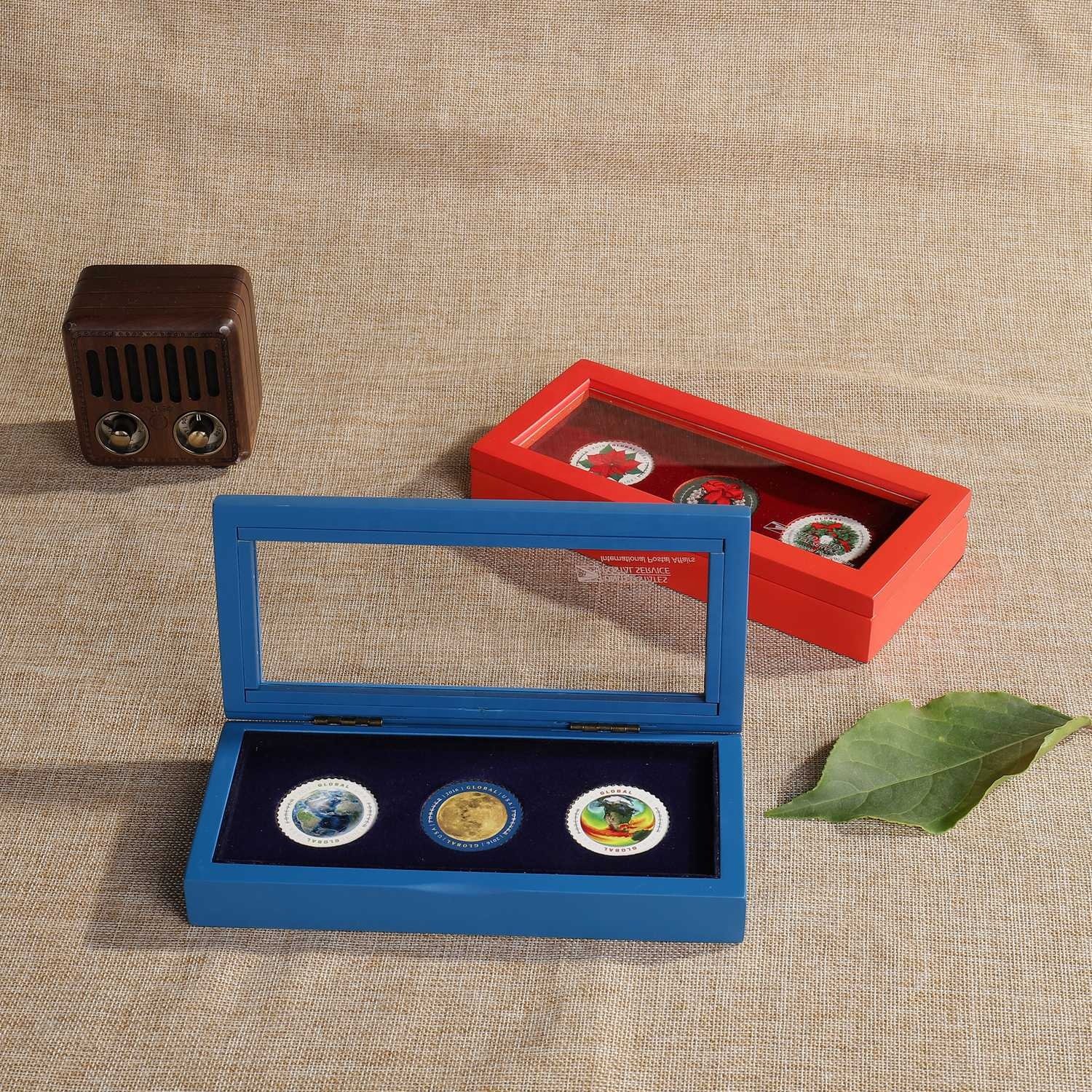 Wood Coin Case Coin Storage Box Display Wooden Acrylic Clear Lid Hinged Red Blue White Chocolate Carton Handmade Laser Logo