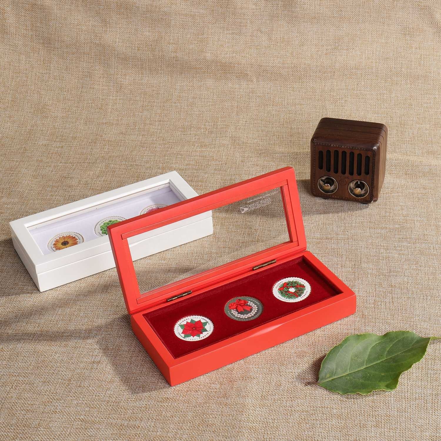 Wood Coin Case Coin Storage Box Display Wooden Acrylic Clear Lid Hinged Red Blue White Chocolate Carton Handmade Laser Logo