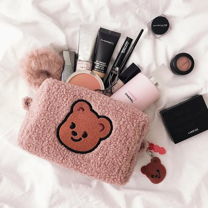 Custom Cute Plush Bear Girls Cosmetic Pouch Organize Travel Makeup Bag Winter Terry Cloth Cosmetic Bags Pouch