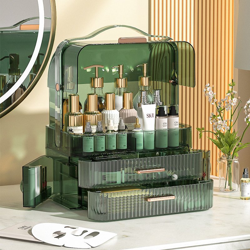 Vanity Storage Box Cosmetic Display Cases Makeup Storage Organizer Handle Cosmetics Dustproof Lid Drawers for Bathroom