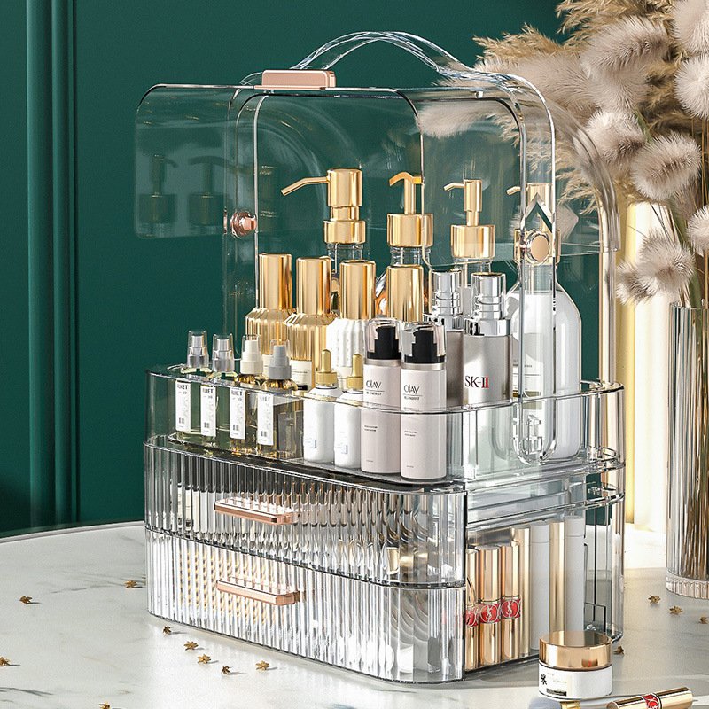 Vanity Storage Box Cosmetic Display Cases Makeup Storage Organizer Handle Cosmetics Dustproof Lid Drawers for Bathroom