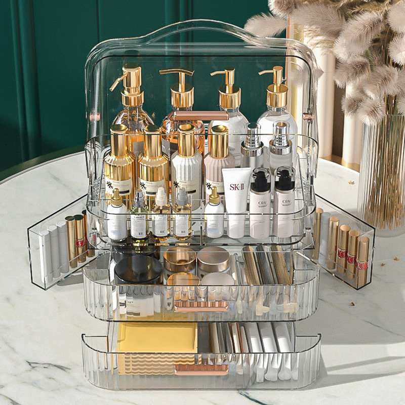 Vanity Storage Box Cosmetic Display Cases Makeup Storage Organizer Handle Cosmetics Dustproof Lid Drawers for Bathroom