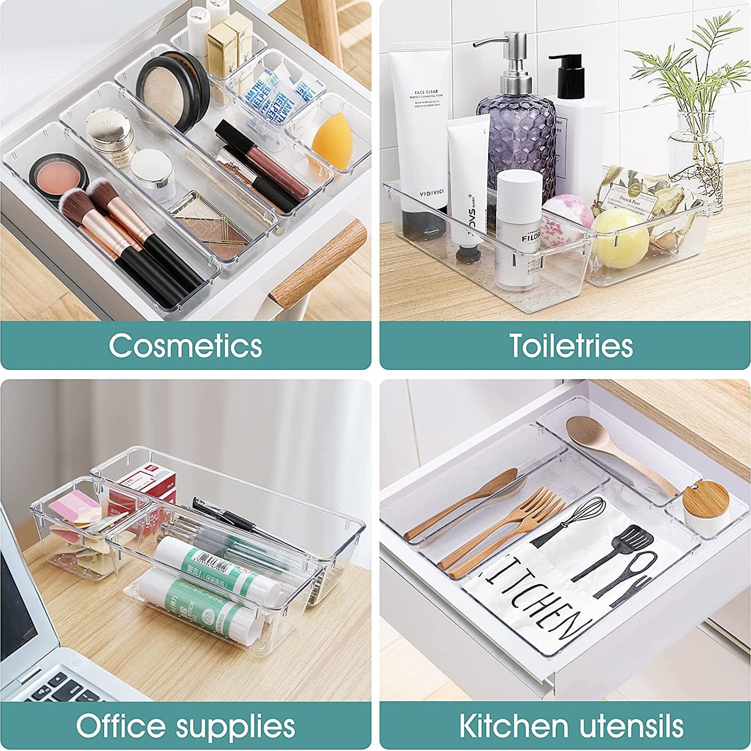 25 PCS Clear Plastic Drawer Organizer Set Desk Drawer Divider Organizers and Storage Bins For Makeup Jewelry Gadgets