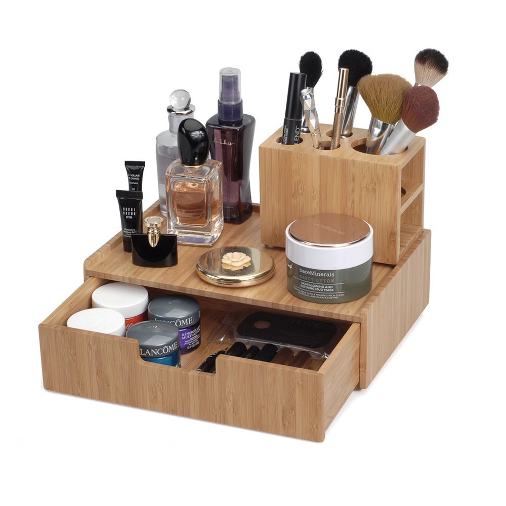 Bamboo Makeup Organizer Desk Cosmetic Storage Bin Makeup Organizer Box Tabletop Makeup Drawer Organizer Cosmetics Holder