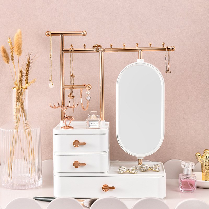 Rotating Mirror 3 Drawer Jewelry Organizer for Bracelet Watch Necklace Earring Holder Makeup Cosmetic Storage Box