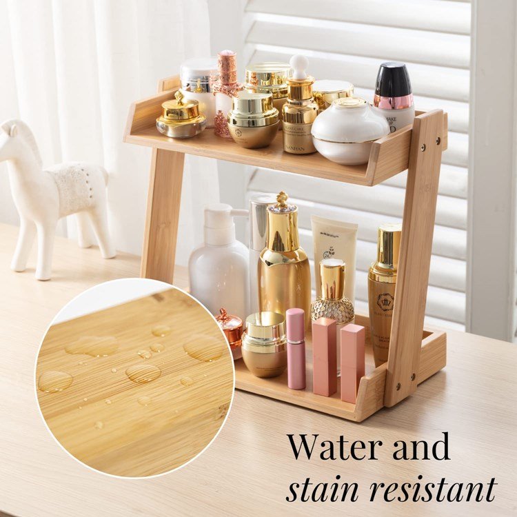 Bedroom Countertop Bamboo Makeup Organizer Small 2 Layer Cosmetics Lipsticks Jewelry Brushes Hair Accessories Perfume Storage