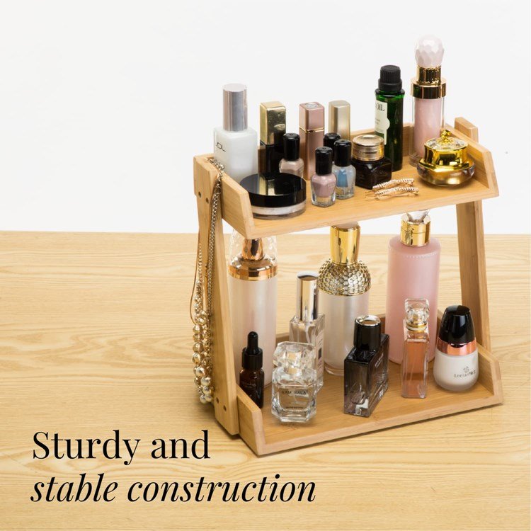 Bedroom Countertop Bamboo Makeup Organizer Small 2 Layer Cosmetics Lipsticks Jewelry Brushes Hair Accessories Perfume Storage