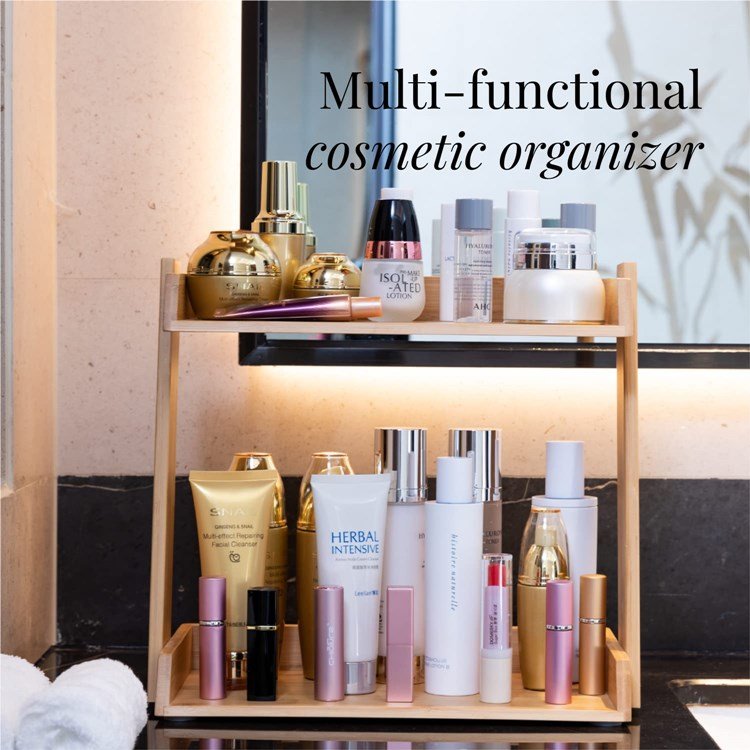 Bedroom Countertop Bamboo Makeup Organizer Small 2 Layer Cosmetics Lipsticks Jewelry Brushes Hair Accessories Perfume Storage