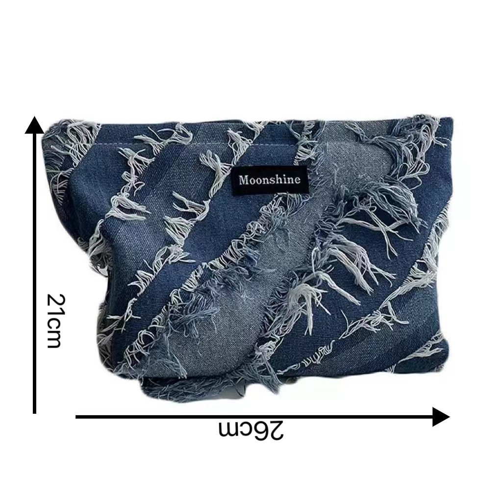 Small and high-end denim tassel makeup bag, large capacity storage bag, portable toiletry bag, lotion brush bag, organizing bag