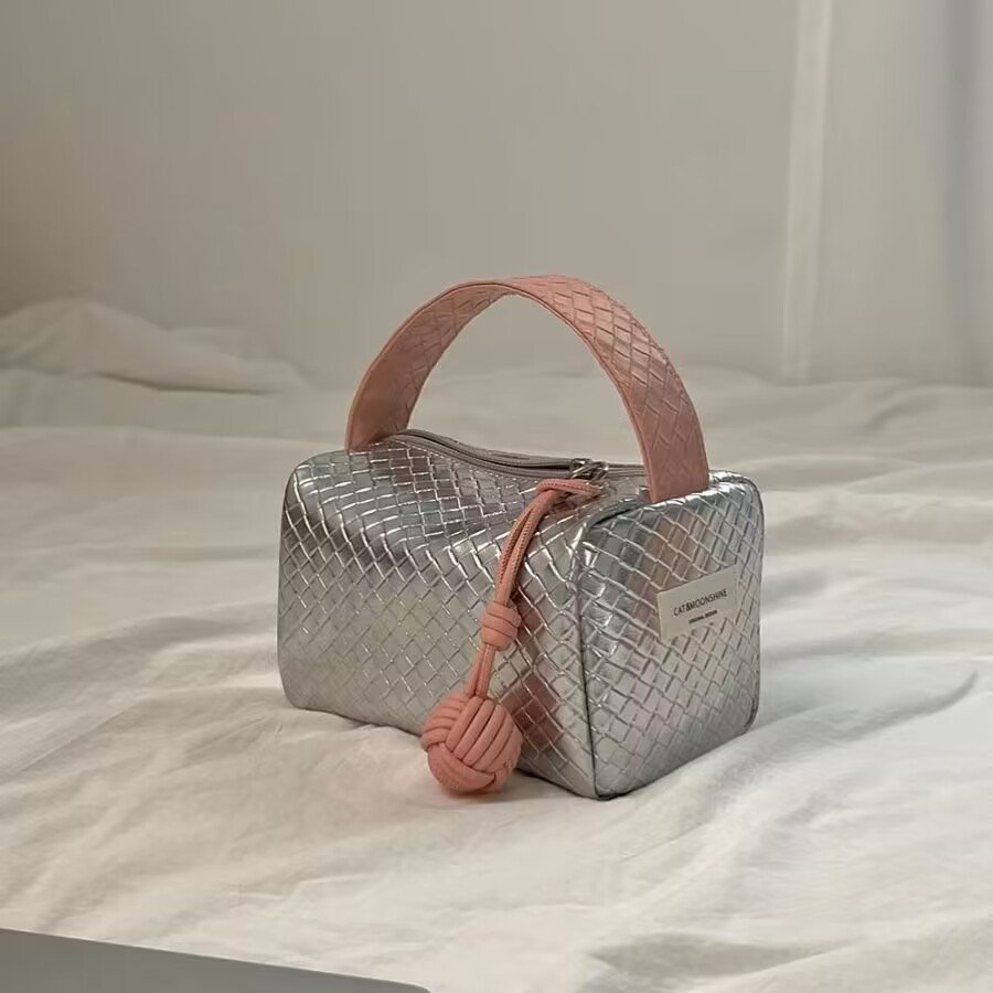 TLB-8R121 Silver powder color blocked woven pattern 2024 new model handheld and portable makeup storage Bag organizing bag