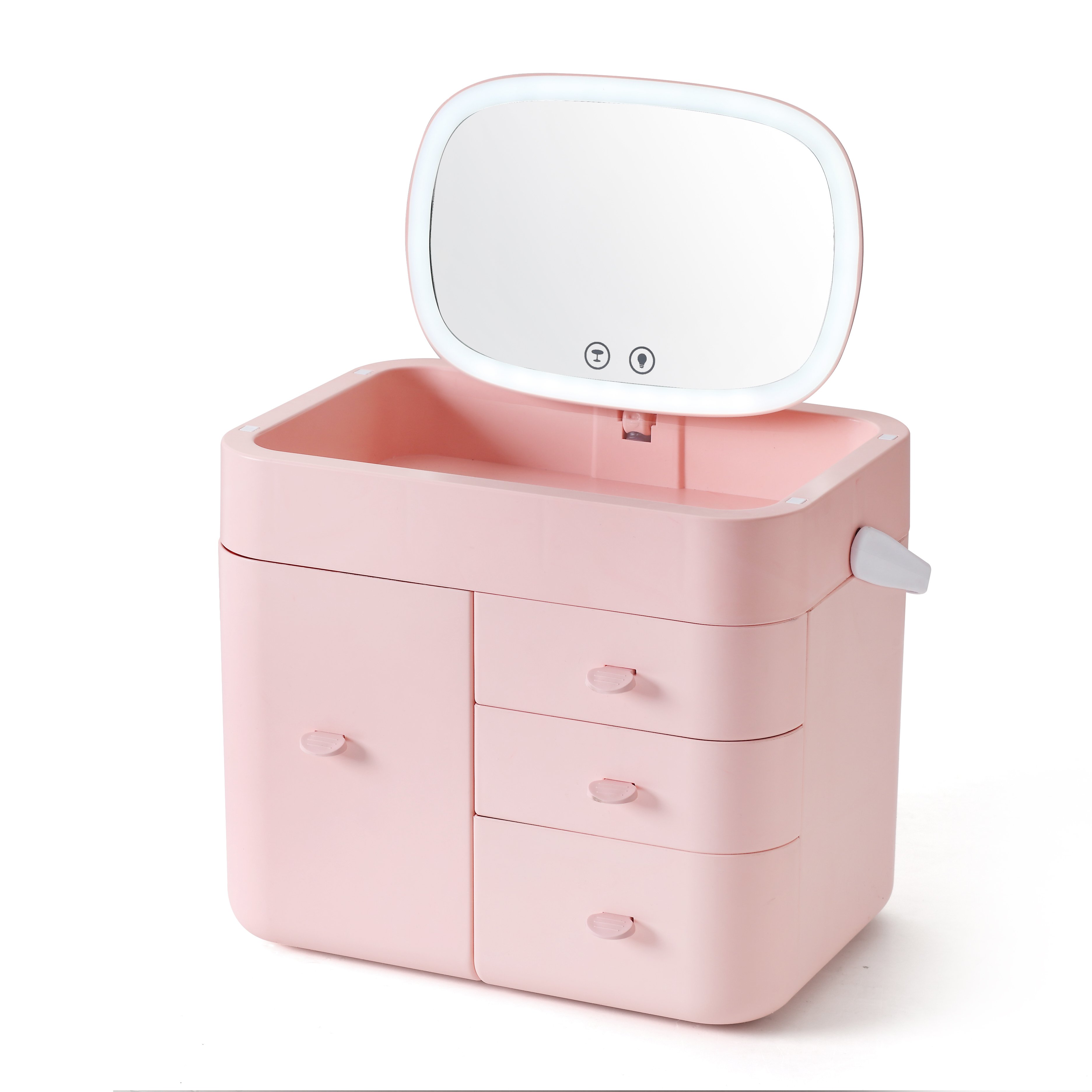 Personalized Plastic Cosmetic Jewelry Storage Desktop Lighted Makeup Containers Organizer With Mirror
