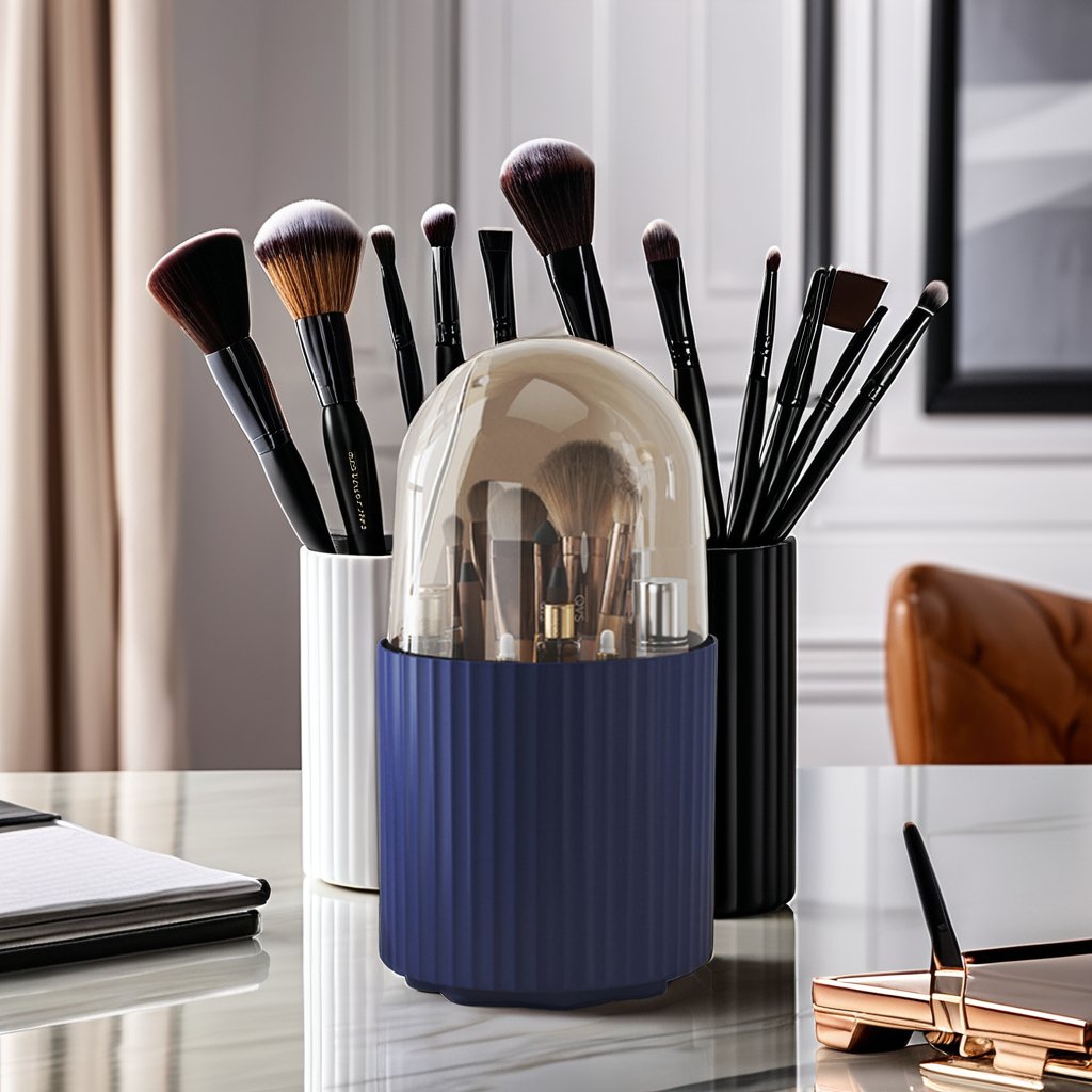 Degree Rotating Desktop Countertop Dresser Table Plastic Makeup Brush Holder Organizer With Lid Cosmetic Storage Box