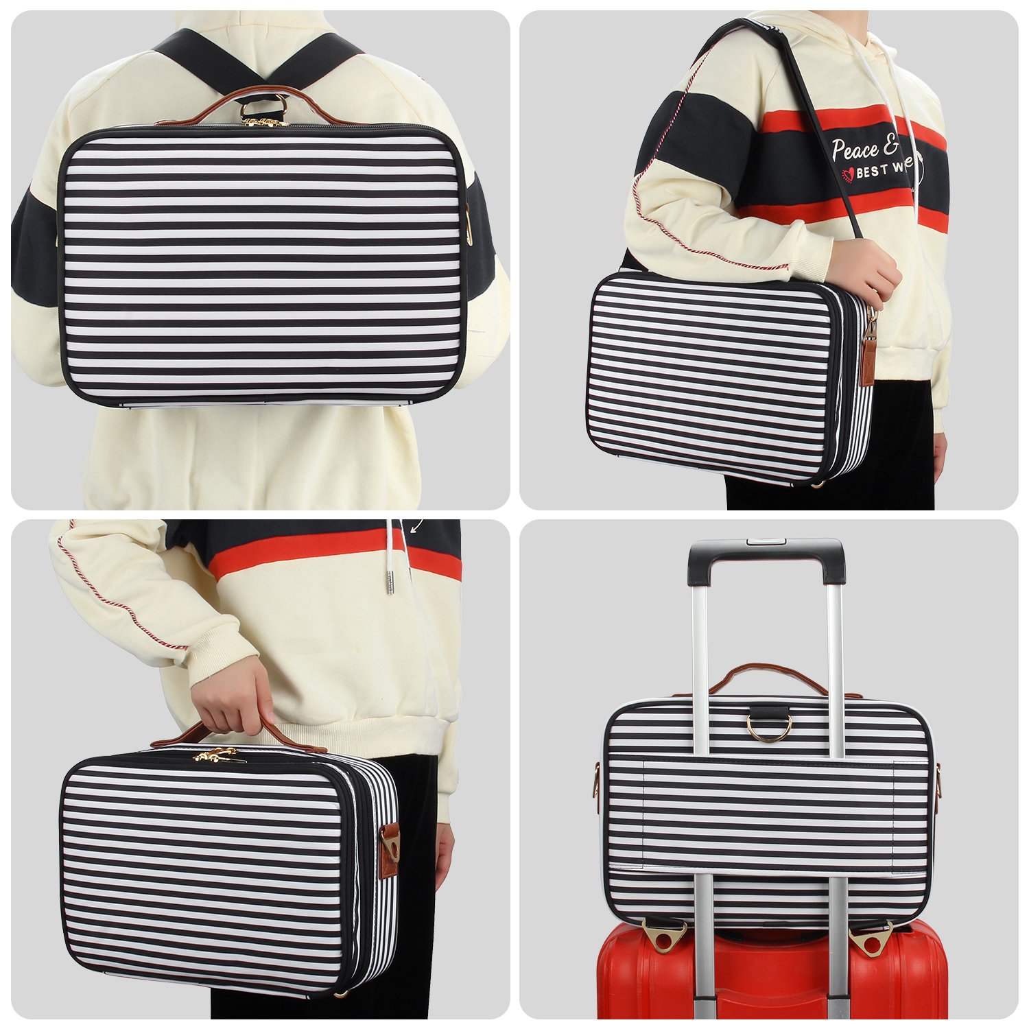Relavel Striped Makeup Organizer Bag Cosmetic Travel Train Case Portable Cosmetic Artist Storage Bag with Zipper