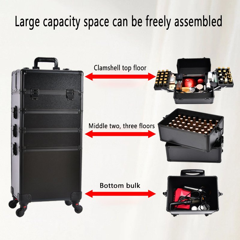 Hot-sale 5 in 1 Trolley Makeup Train Case makeup organizers aluminum rolling makeup case Travel bag for holiday gifts