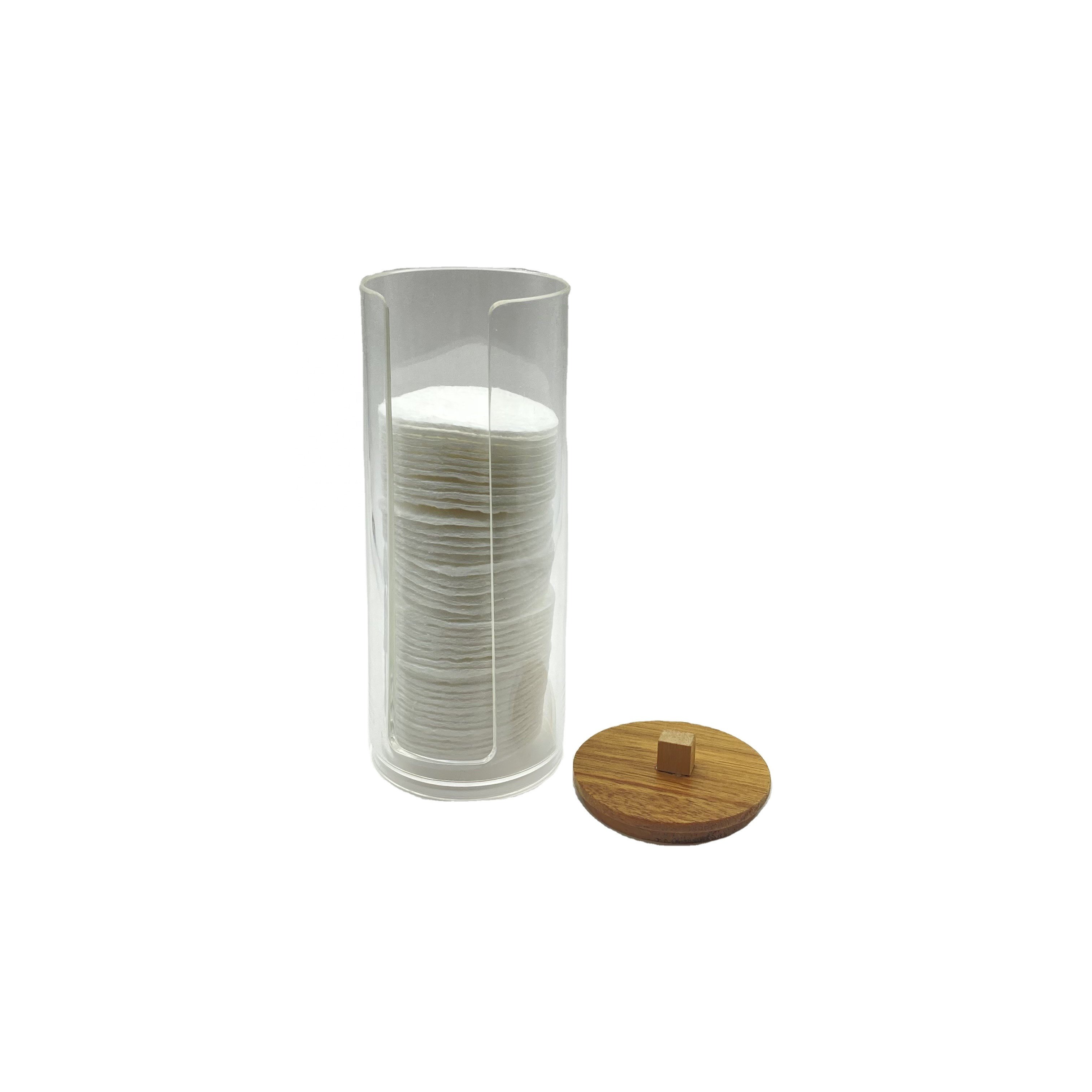 Clear Cotton Pad Dispenser with Bamboo Lid Cotton Pad Holder Makeup Organizer Vanity with Cover Bathroom Accessories