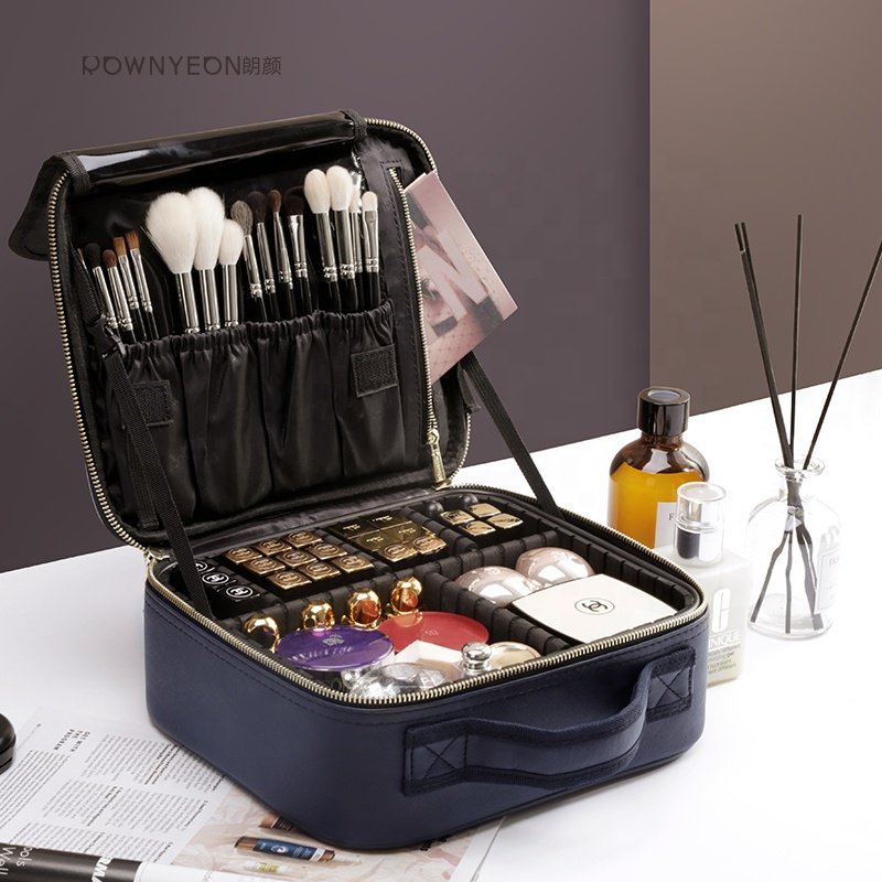 Portable Large Travel Women Waterproof Pu Leather Cosmetic Case Adjustable Dividers Makeup Bag Organizers Bag