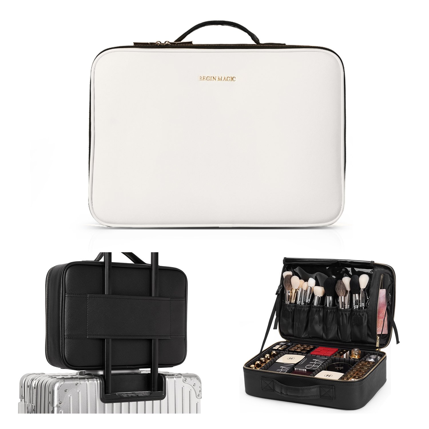 Portable Large Travel Women Waterproof Pu Leather Cosmetic Case Adjustable Dividers Makeup Bag Organizers Bag