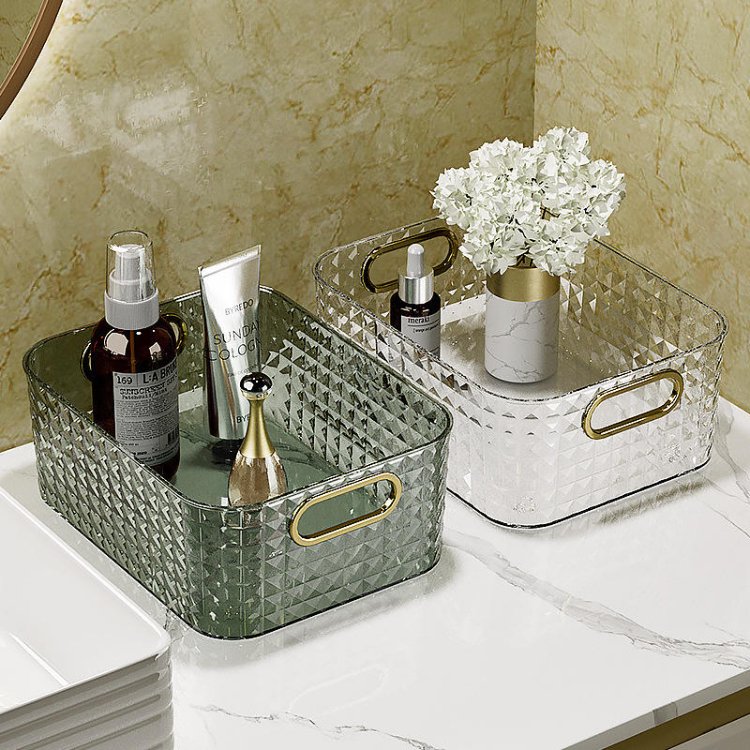 Transparent Diamond Plastic Storage Box Rectangular Makeup and Vanity Storage Bin Open Compartment Clear Plastic Organize
