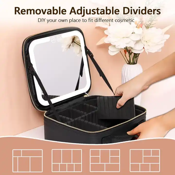 Portable Women Travel Waterproof Adjustable Light Cosmetic Organize Make Up Train Case Makeup Bag With Led Mirror