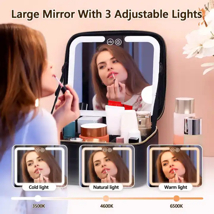Portable Women Travel Waterproof Adjustable Light Cosmetic Organize Make Up Train Case Makeup Bag With Led Mirror