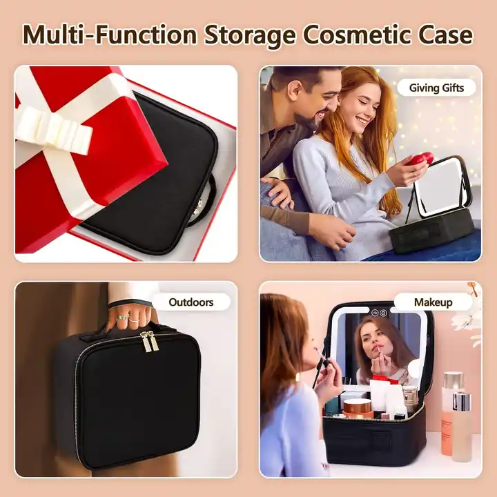 Portable Women Travel Waterproof Adjustable Light Cosmetic Organize Make Up Train Case Makeup Bag With Led Mirror