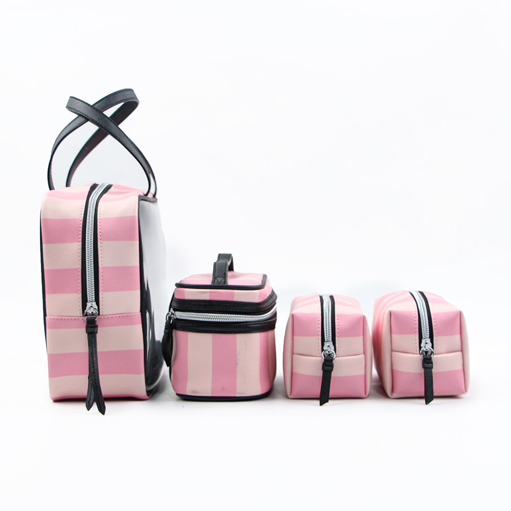 Stock Large Capacity 2Colors Available Travel Pink Stripe Pu Leather 4 Pcs Set Cosmetic Bag Makeup Beauty Set For Women Outdoor