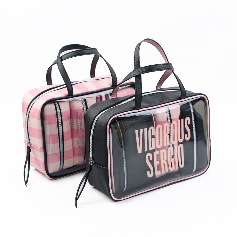 Stock Large Capacity 2Colors Available Travel Pink Stripe Pu Leather 4 Pcs Set Cosmetic Bag Makeup Beauty Set For Women Outdoor