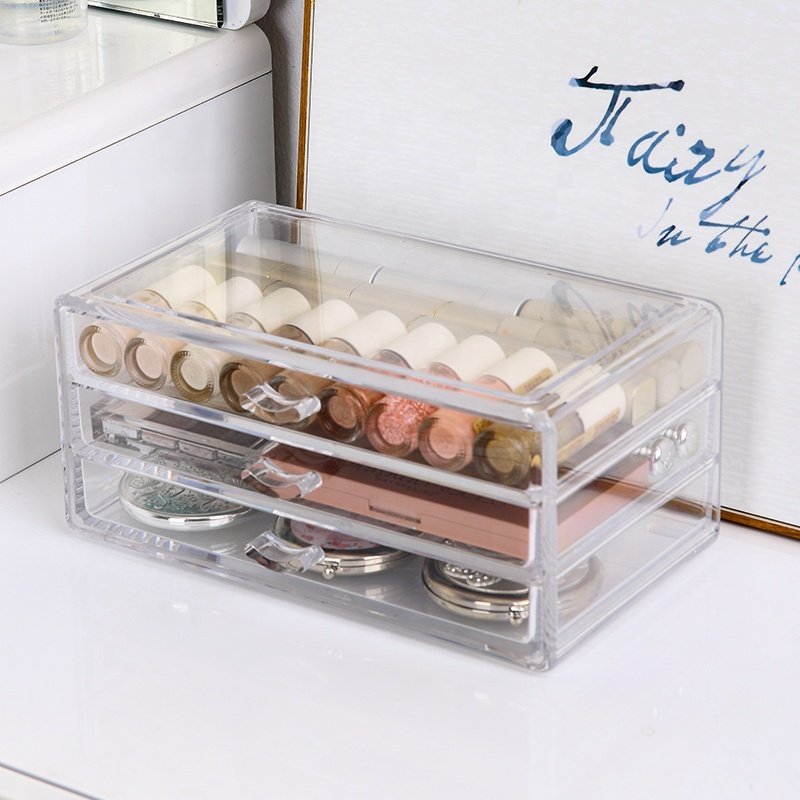 Dresser beauty woman cosmetic jewelry brushes countertop storage drawer box diamond clear plastic makeup organizer