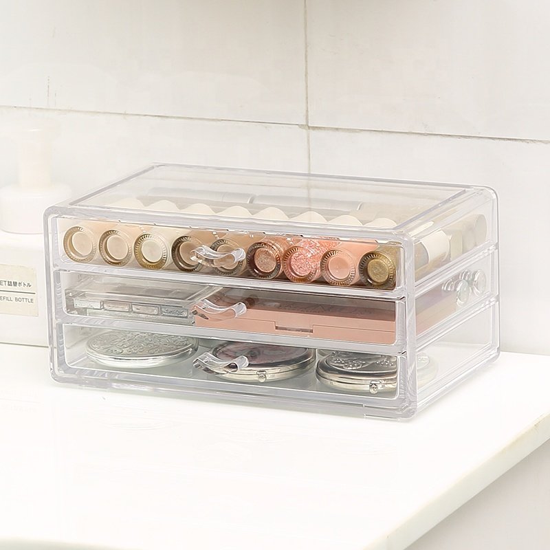 Dresser beauty woman cosmetic jewelry brushes countertop storage drawer box diamond clear plastic makeup organizer