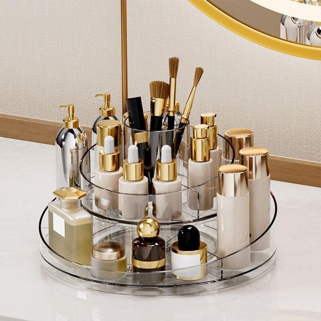 ZNF00137 Rotating Clear Makeup Organizer 2 Layer Cosmetics Display Tray Irregular Turntable Lazy Susan Makeup Storage Bin