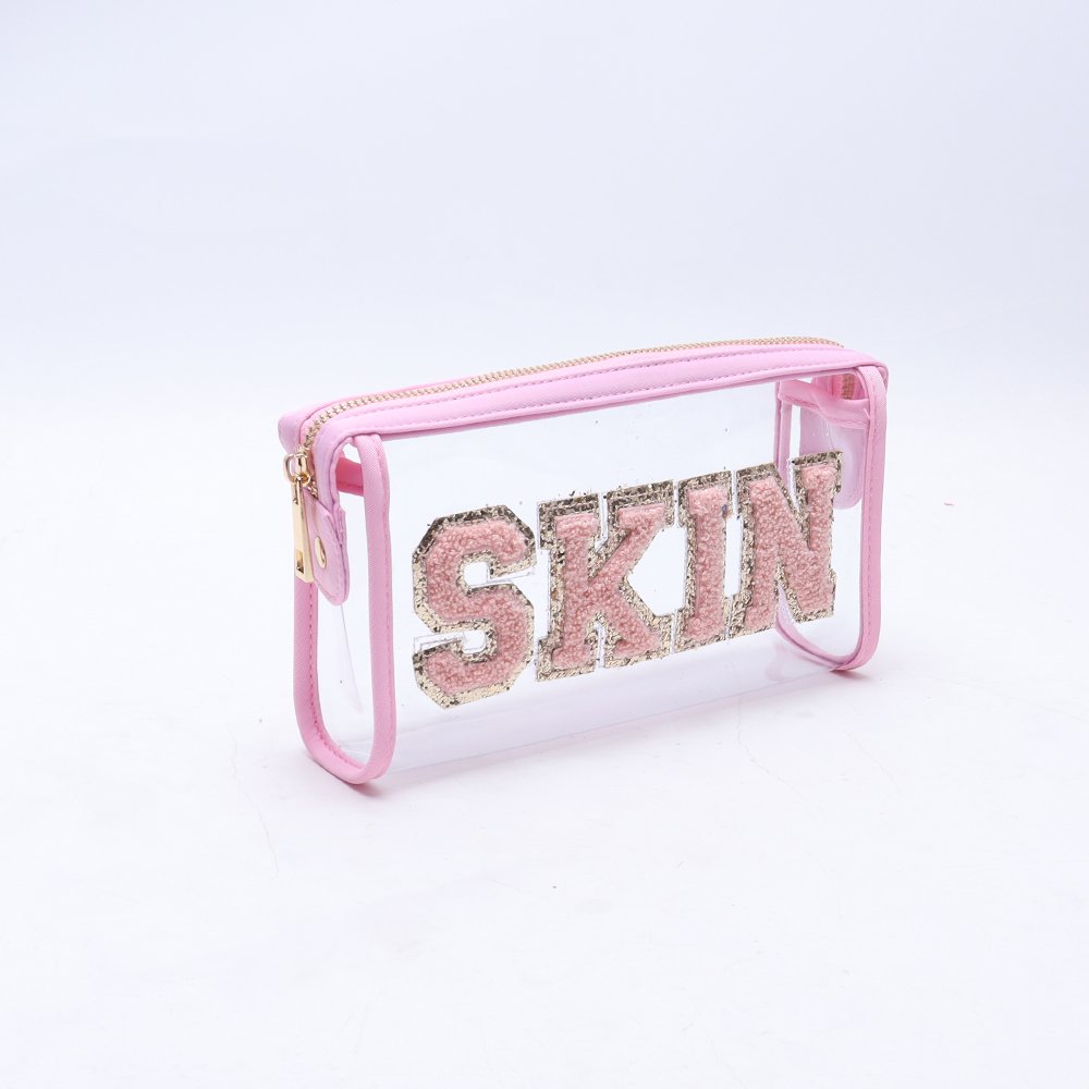 Factory Transparent Clear Travel Make up everything Cosmetic Bag with Letter Patches woman toiletry pouch Pvc Zipper Makeup Bag