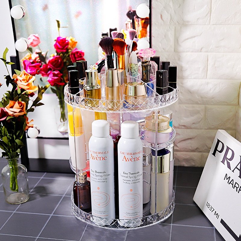 Clear Transparent Diamante 360 Degree Rotating Adjustable Cosmetic Storage Box Makeup Organizer