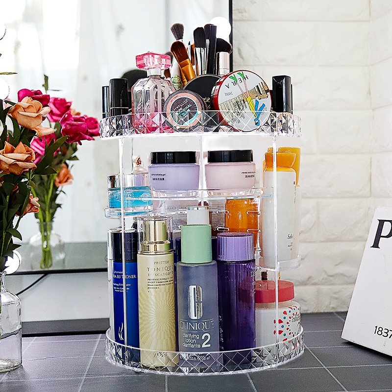 Clear Transparent Diamante 360 Degree Rotating Adjustable Cosmetic Storage Box Makeup Organizer