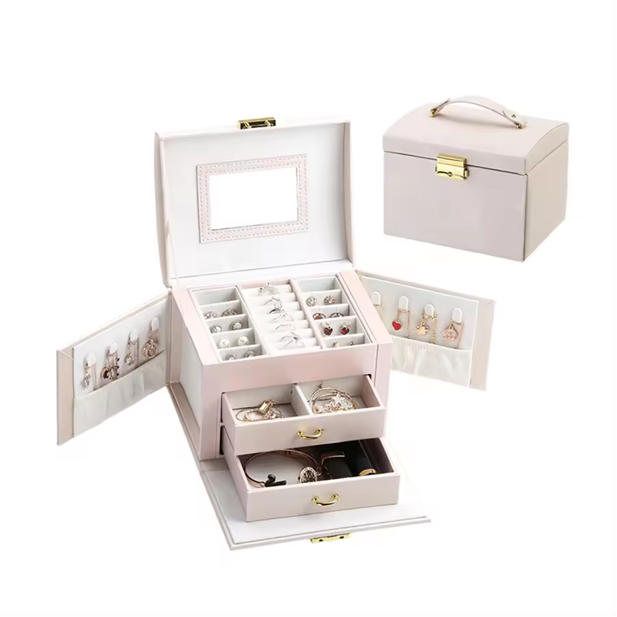 Popular best perfect gift for women jewelry box jewellery organizers for rings Necklace storages with makeup mirror