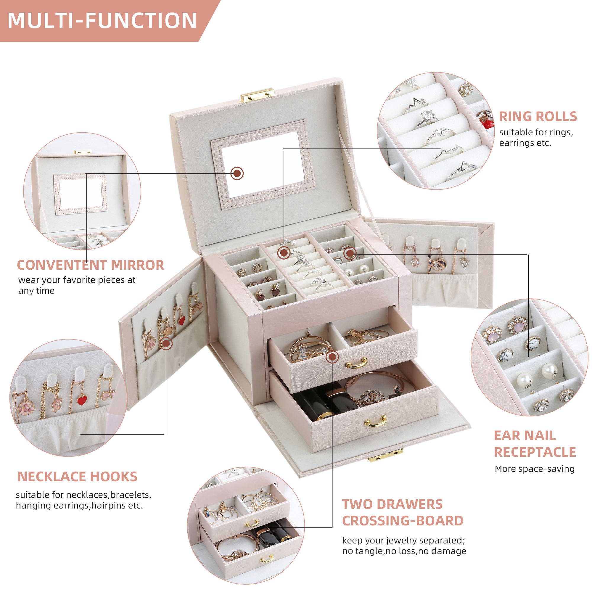 Popular best perfect gift for women jewelry box jewellery organizers for rings Necklace storages with makeup mirror