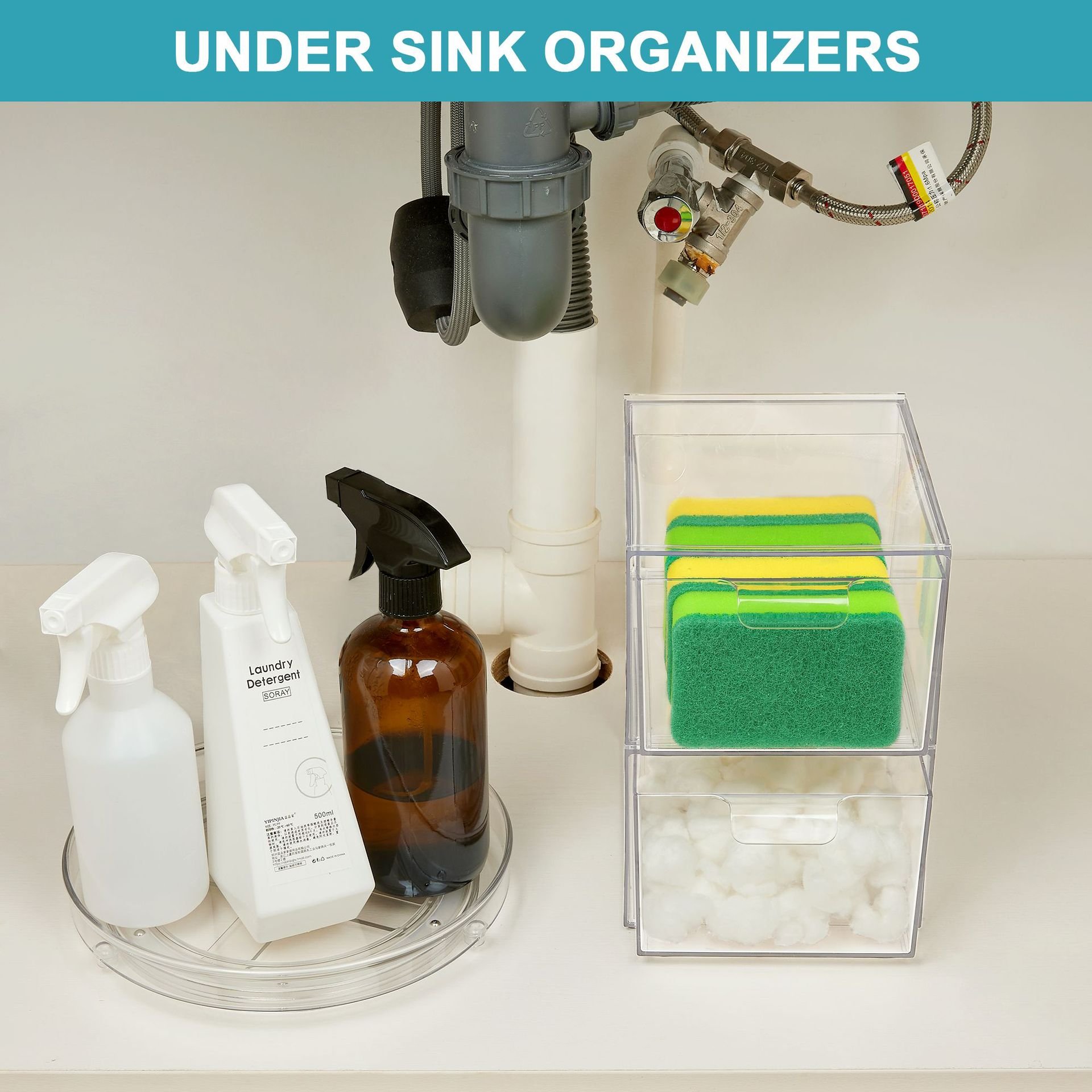 2 Pack Clear Plastic Stackable Bathroom Makeup Organization and Storage Drawers For Kitchen Cabinet