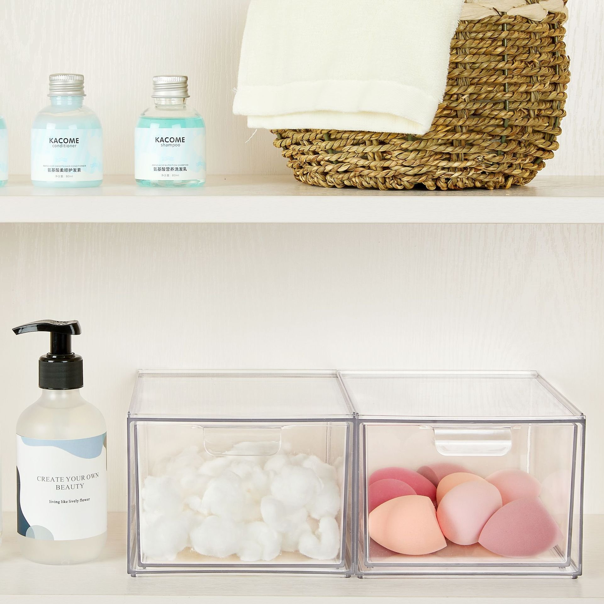 2 Pack Clear Plastic Stackable Bathroom Makeup Organization and Storage Drawers For Kitchen Cabinet